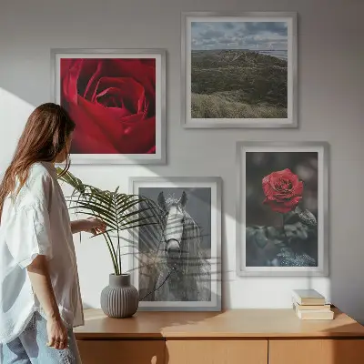 Set of 4 wall art pieces featuring red roses and a horse on a gray background