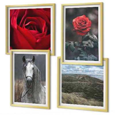 Set of 4 wall art pieces Red roses horse gray background