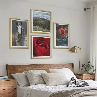 Set of 4 wall art pieces featuring red roses and a horse on a gray background