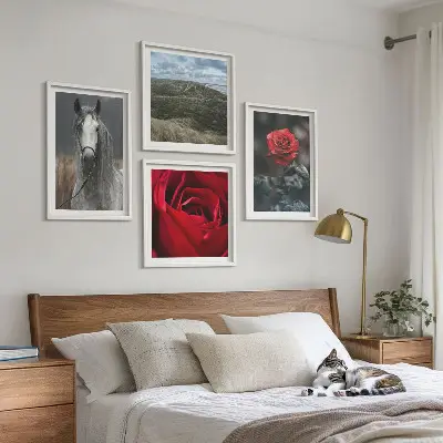 Set of 4 wall art pieces featuring red roses and a horse on a gray background