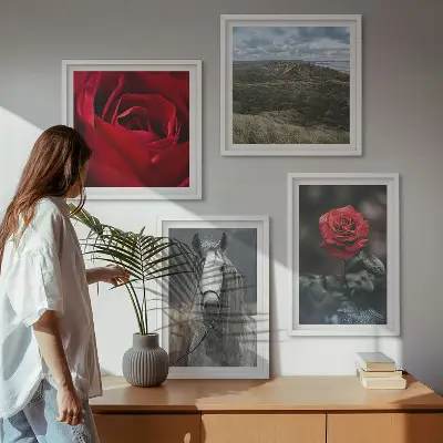 Set of 4 wall art pieces featuring red roses and a horse on a gray background