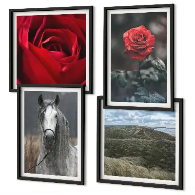 Set of 4 wall art pieces featuring red roses and a horse on a gray background