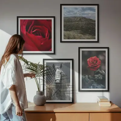 Set of 4 wall art pieces featuring red roses and a horse on a gray background