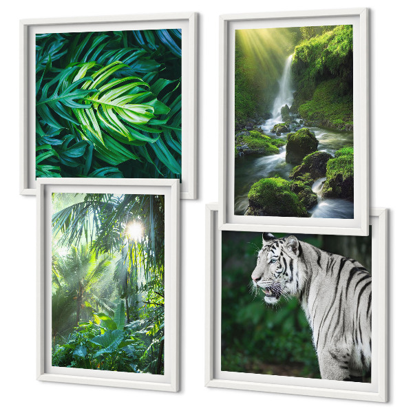 Set of 4 wall art pieces Jungle White Tiger Waterfall