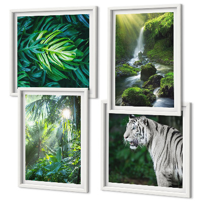 Set of 4 wall art pieces Jungle White Tiger Waterfall