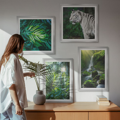 Set of 4 wall art pieces Jungle White Tiger Waterfall