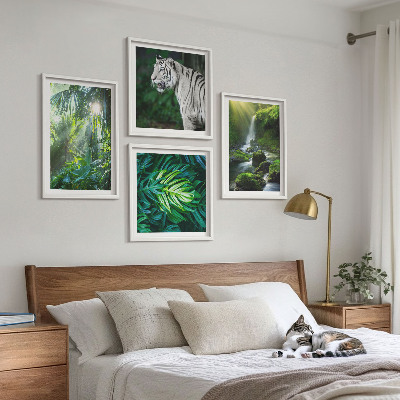 Set of 4 wall art pieces Jungle White Tiger Waterfall