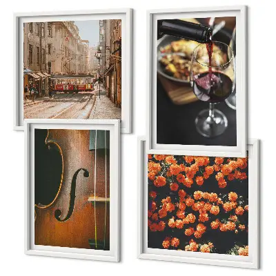 Multi-piece wall decor set featuring vintage flowers, street, wine, and violin imagery