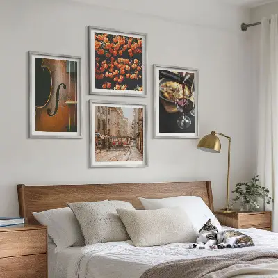 Multi-piece wall decor set featuring vintage flowers, street, wine, and violin imagery