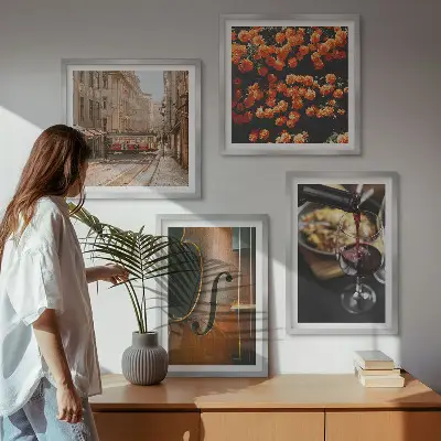 Multi-piece wall decor set featuring vintage flowers, street, wine, and violin imagery