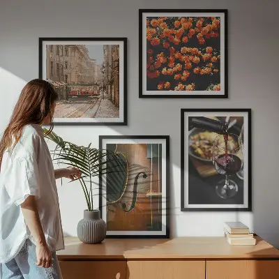Multi-piece wall decor set featuring vintage flowers, street, wine, and violin imagery