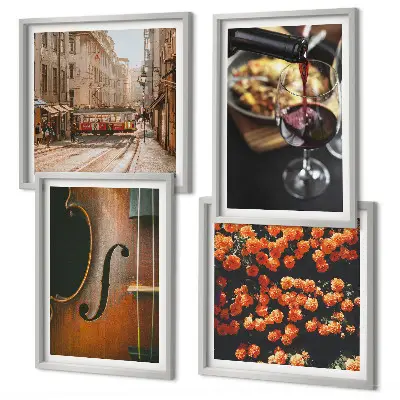 Multi-piece wall decor set featuring vintage flowers, street, wine, and violin imagery