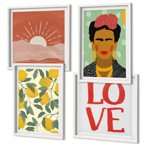 Wall art set featuring lemons, inspirational love quotes, and a Frida-inspired landscape