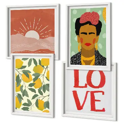Wall art set featuring lemons, inspirational love quotes, and a Frida-inspired landscape