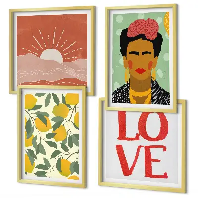 Wall art set featuring lemons, inspirational love quotes, and a Frida-inspired landscape