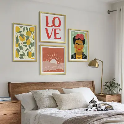 Wall art set featuring lemons, inspirational love quotes, and a Frida-inspired landscape