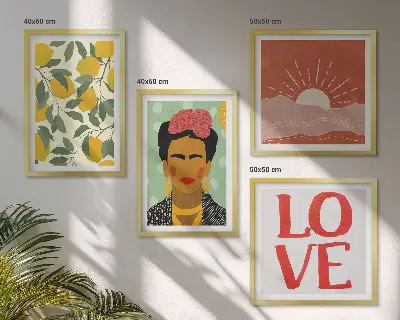 Wall art set featuring lemons, inspirational love quotes, and a Frida-inspired landscape
