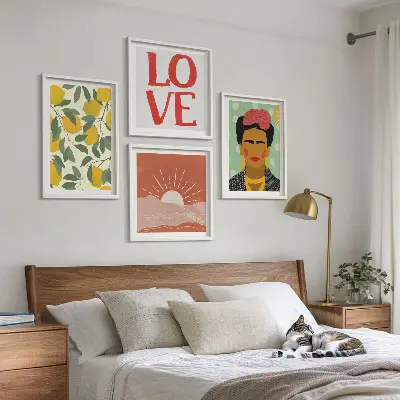 Wall art set featuring lemons, inspirational love quotes, and a Frida-inspired landscape