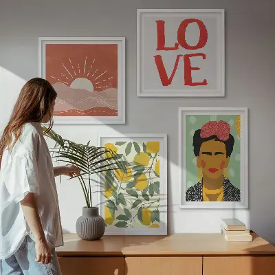 Wall art set featuring lemons, inspirational love quotes, and a Frida-inspired landscape