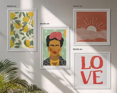 Wall art set featuring lemons, inspirational love quotes, and a Frida-inspired landscape