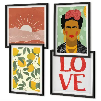 Wall art set featuring lemons, inspirational love quotes, and a Frida-inspired landscape