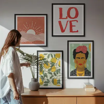 Wall art set featuring lemons, inspirational love quotes, and a Frida-inspired landscape