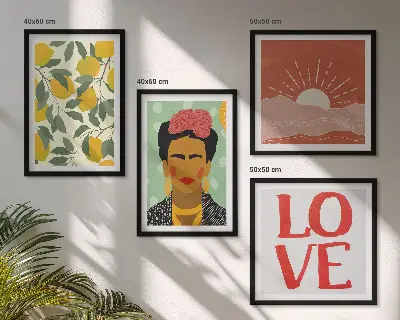 Wall art set featuring lemons, inspirational love quotes, and a Frida-inspired landscape