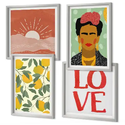 Wall art set featuring lemons, inspirational love quotes, and a Frida-inspired landscape