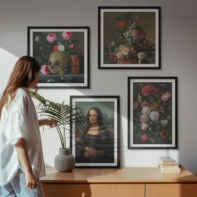 Vintage flower skull Mona Lisa wall art set of 4 pieces