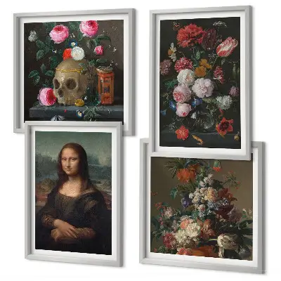 Set of 4 wall art pieces Vintage flowers skull Mona Lisa