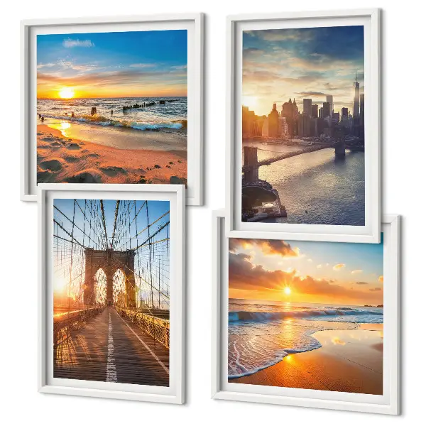 Multi-piece wall decor set featuring a bridge during a city sunset