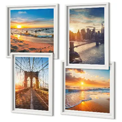 Multi-piece wall decor set featuring a bridge during a city sunset