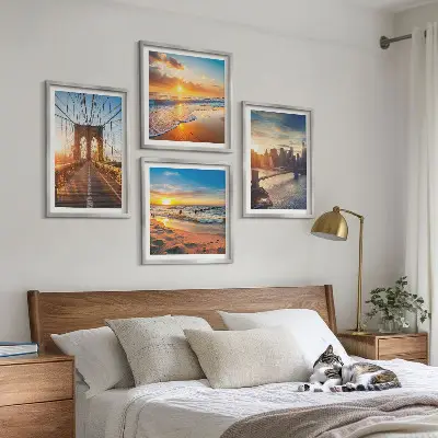 Multi-piece wall decor set featuring a bridge during a city sunset