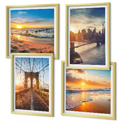 Multi-piece wall decor set featuring a bridge during a city sunset