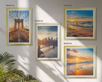 Multi-piece wall decor set featuring a bridge during a city sunset
