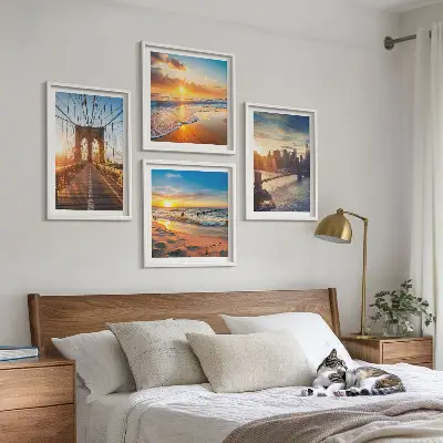 Multi-piece wall decor set featuring a bridge during a city sunset