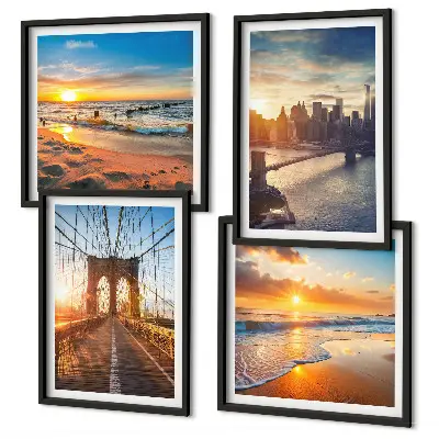 Multi-piece wall decor set featuring a bridge during a city sunset