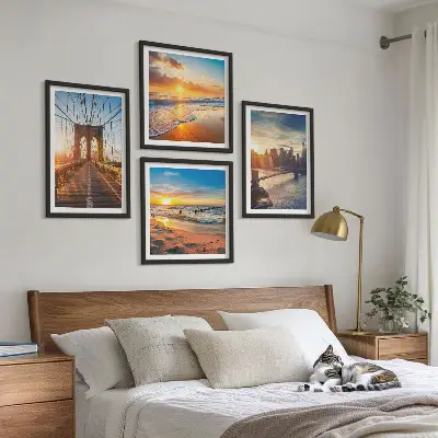 Multi-piece wall decor set featuring a bridge during a city sunset