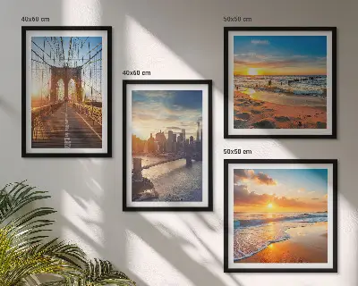 Multi-piece wall decor set featuring a bridge during a city sunset