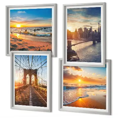 Multi-piece wall decor set featuring a bridge during a city sunset