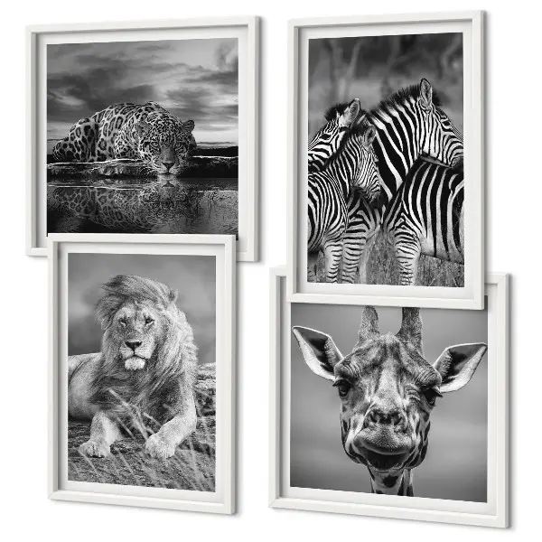 Wild Animals Wall Art Set set of 4 pieces featuring a lion, jaguar, giraffe, and zebras