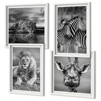 Wild Animals Wall Art Set set of 4 pieces featuring a lion, jaguar, giraffe, and zebras