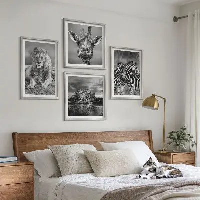 Wild Animals Wall Art Set set of 4 pieces featuring a lion, jaguar, giraffe, and zebras