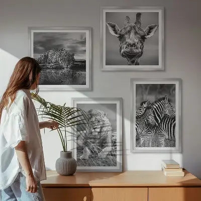Wild Animals Wall Art Set set of 4 pieces featuring a lion, jaguar, giraffe, and zebras