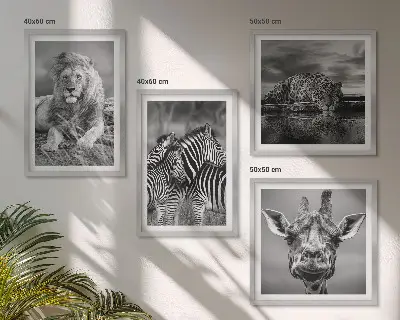 Wild Animals Wall Art Set set of 4 pieces featuring a lion, jaguar, giraffe, and zebras