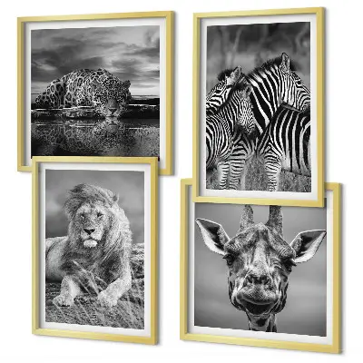 Wild Animals Wall Art Set set of 4 pieces featuring a lion, jaguar, giraffe, and zebras