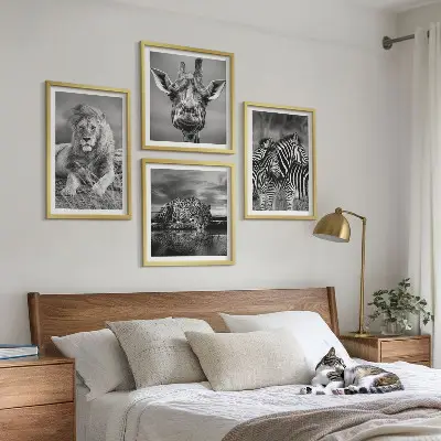 Wild Animals Wall Art Set set of 4 pieces featuring a lion, jaguar, giraffe, and zebras