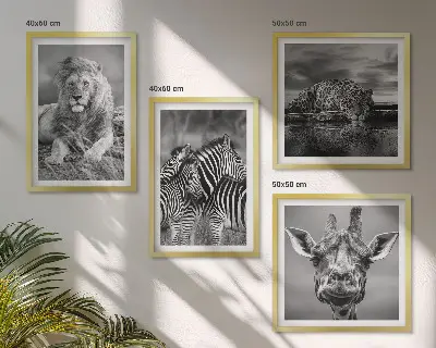 Wild Animals Wall Art Set set of 4 pieces featuring a lion, jaguar, giraffe, and zebras