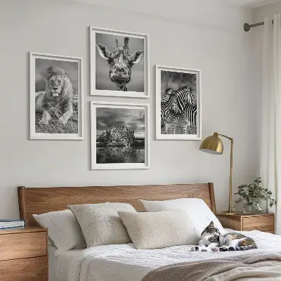 Set of 4 wall art pieces Wild Animals Lion Jaguar Giraffe Zebras