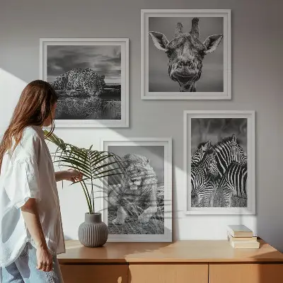 Wild Animals Wall Art Set set of 4 pieces featuring a lion, jaguar, giraffe, and zebras